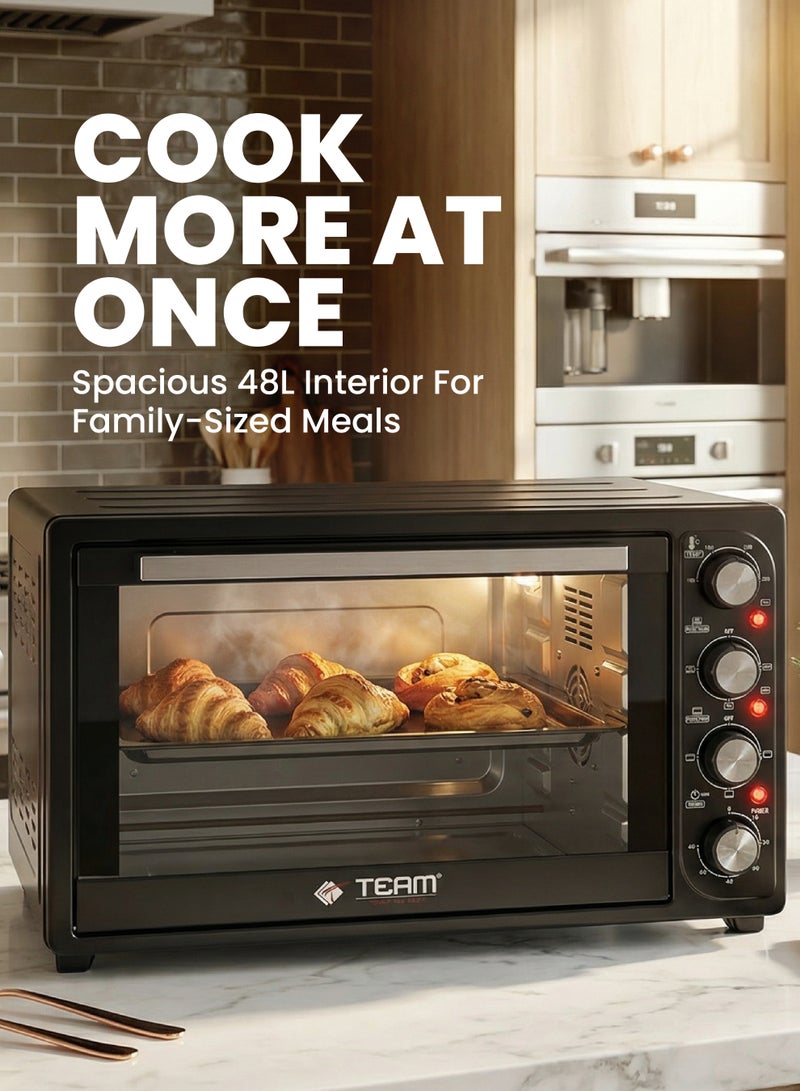تيم TEAM Deluxe Electric Oven 48L – 1800W, Adjustable Temperature 100°C–250°C, 4 Heating Modes, Double Glass Door, Includes Food Tray & Wire Rack – Ideal for Baking, Grilling & Roasting - Image 2